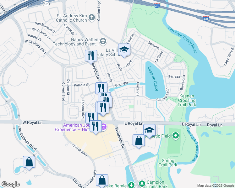 map of restaurants, bars, coffee shops, grocery stores, and more near 6604 Deseo in Irving