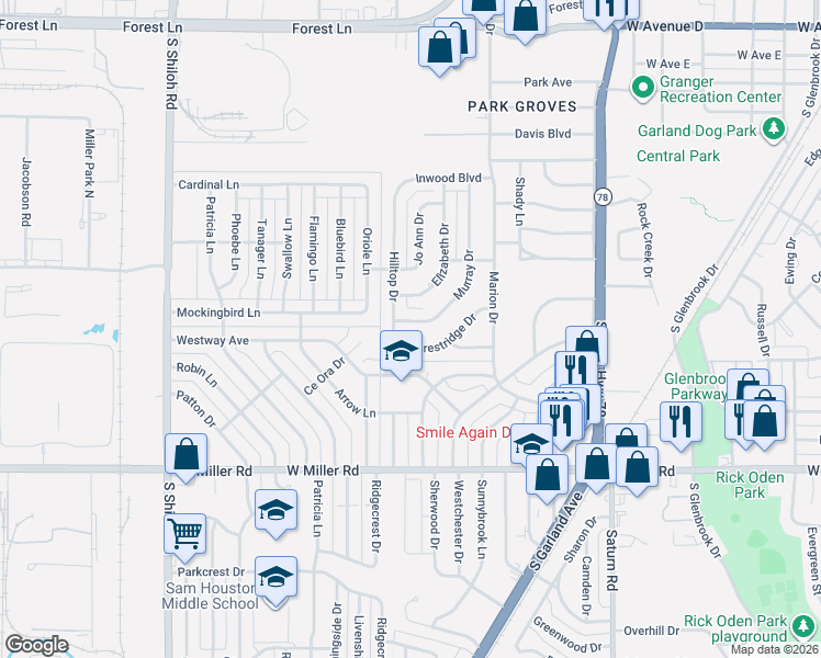 map of restaurants, bars, coffee shops, grocery stores, and more near 1645 Murray Drive in Garland