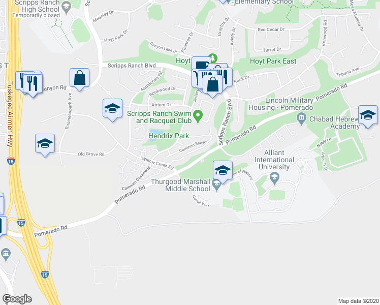 map of restaurants, bars, coffee shops, grocery stores, and more near 10565 Caminito Basswood in San Diego