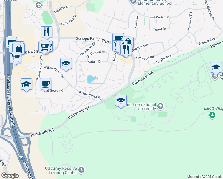 map of restaurants, bars, coffee shops, grocery stores, and more near 10591 Caminito Banyon in San Diego