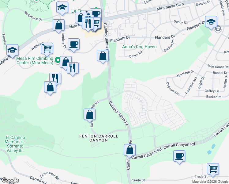 map of restaurants, bars, coffee shops, grocery stores, and more near 11026 Eka Way in San Diego