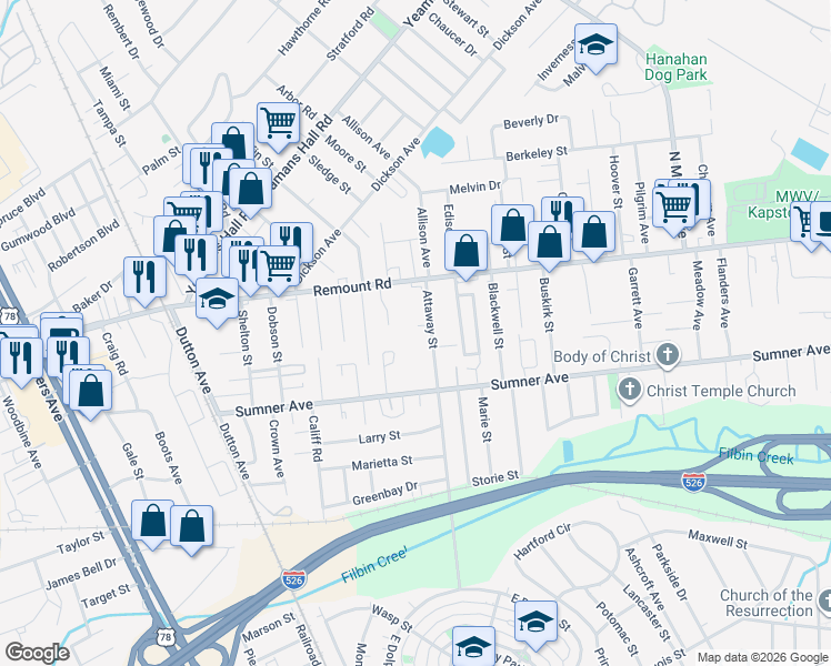 map of restaurants, bars, coffee shops, grocery stores, and more near 5632 Pryor Street in North Charleston