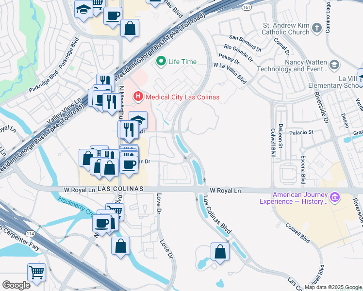 map of restaurants, bars, coffee shops, grocery stores, and more near 552 Via Amalfi in Irving
