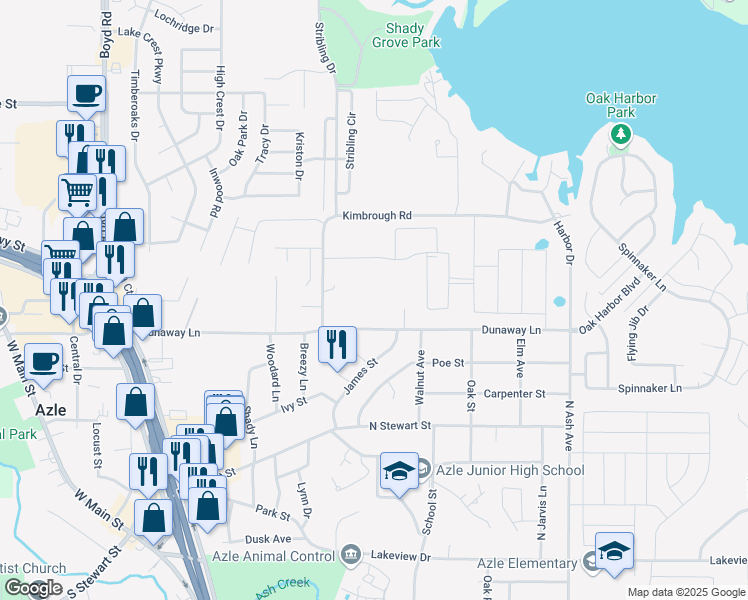 map of restaurants, bars, coffee shops, grocery stores, and more near 721 Dunaway Lane in Azle