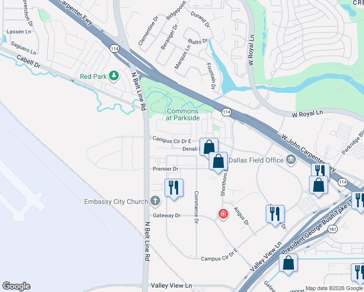 map of restaurants, bars, coffee shops, grocery stores, and more near 3231 Denali Drive in Irving