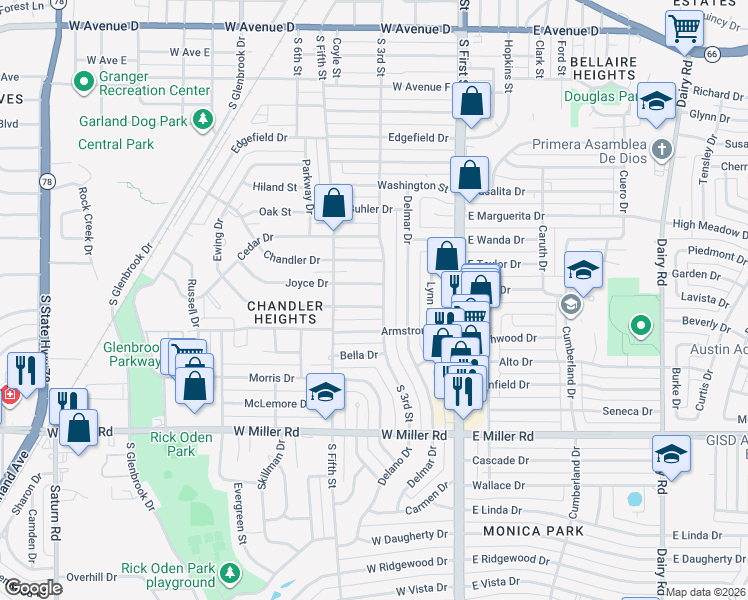 map of restaurants, bars, coffee shops, grocery stores, and more near 300 Joyce Drive in Garland