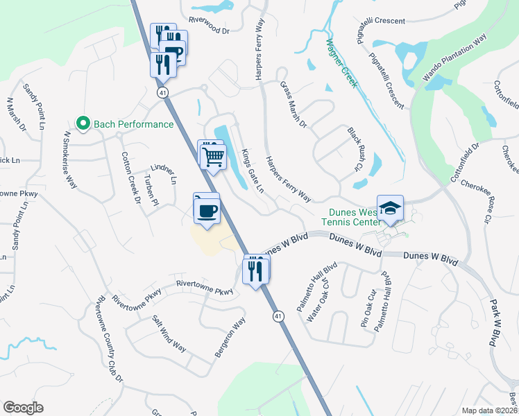 map of restaurants, bars, coffee shops, grocery stores, and more near 2561 Kings Gate Lane in Mount Pleasant