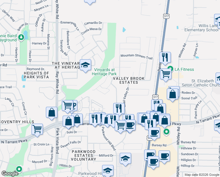 map of restaurants, bars, coffee shops, grocery stores, and more near 5600 Rock Valley Drive in Fort Worth