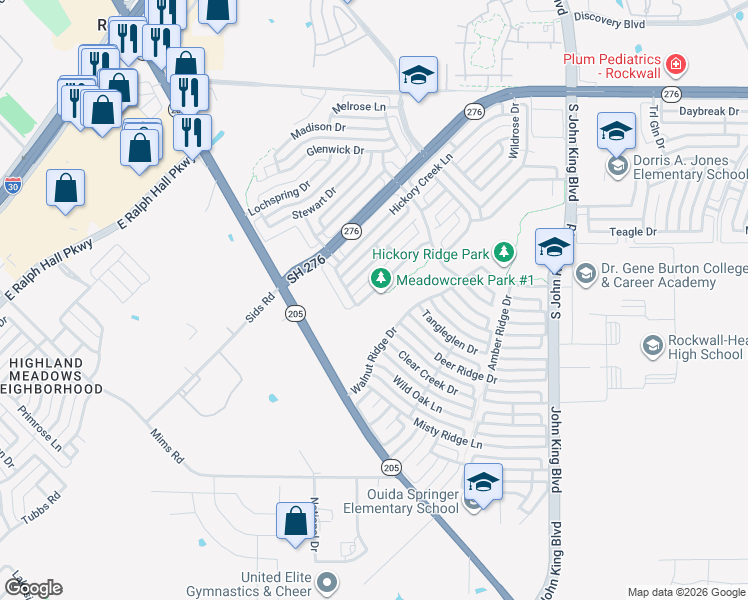 map of restaurants, bars, coffee shops, grocery stores, and more near 1434 Foxwood Lane in Rockwall