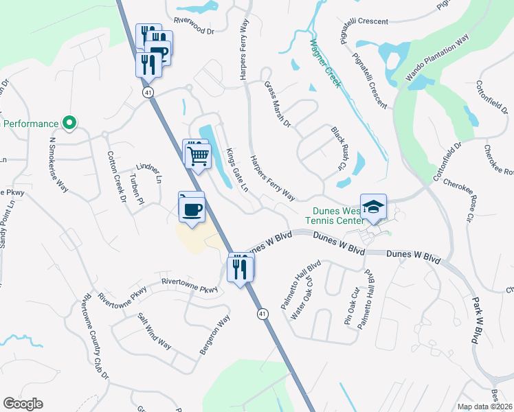 map of restaurants, bars, coffee shops, grocery stores, and more near 2561 Kings Gate Lane in Mount Pleasant