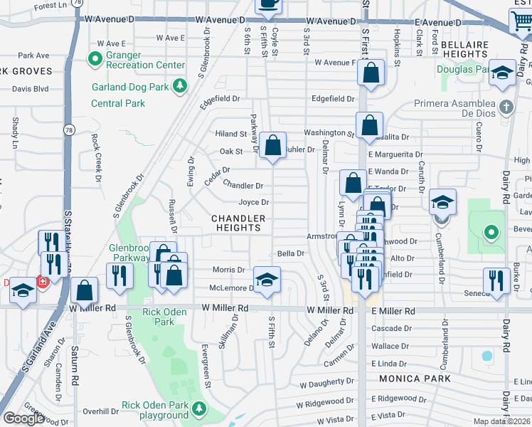 map of restaurants, bars, coffee shops, grocery stores, and more near 412 Joyce Drive in Garland
