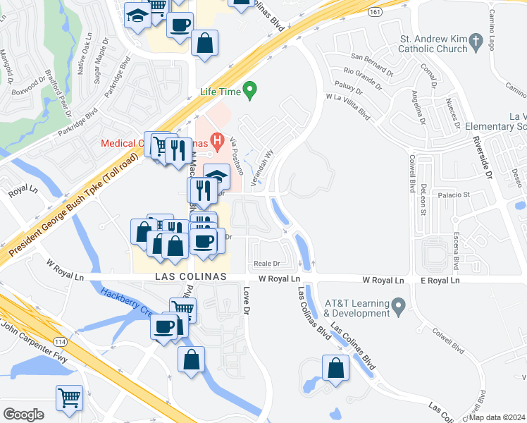 map of restaurants, bars, coffee shops, grocery stores, and more near 552 Via Amalfi in Irving