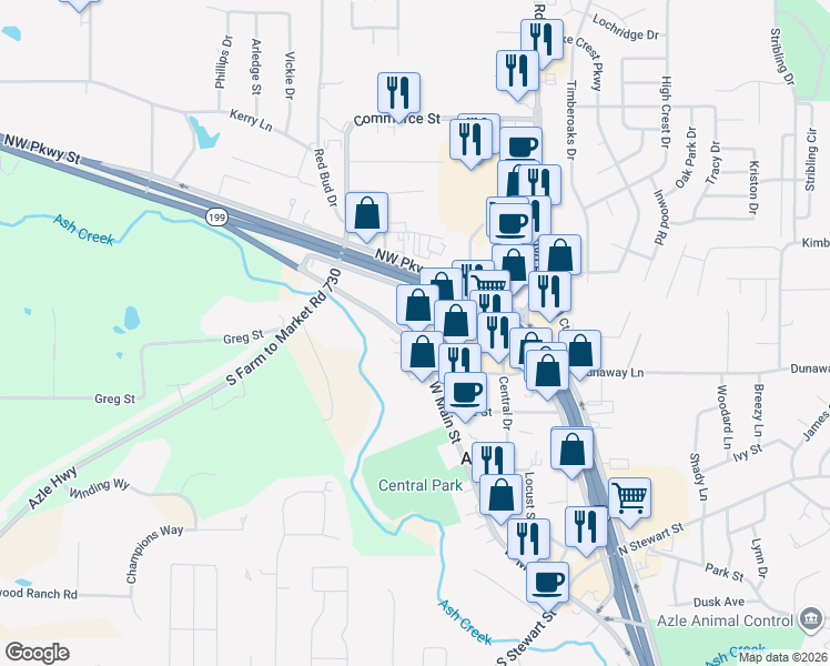 map of restaurants, bars, coffee shops, grocery stores, and more near 514 West Main Street in Azle