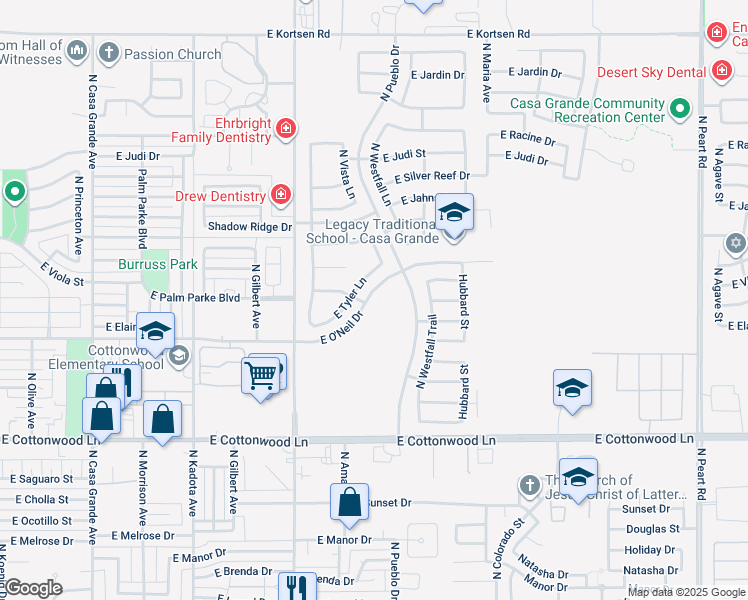 map of restaurants, bars, coffee shops, grocery stores, and more near 1177 East Tyler Lane in Casa Grande
