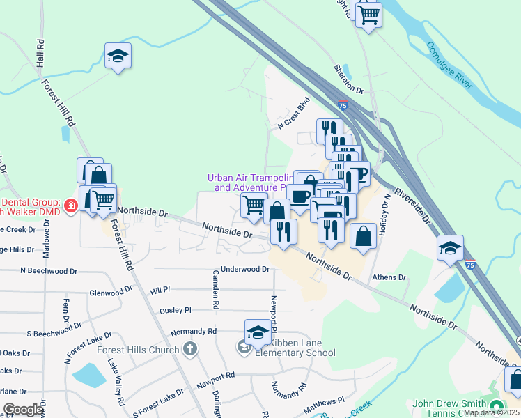 map of restaurants, bars, coffee shops, grocery stores, and more near 4070 Elnora Drive in Macon