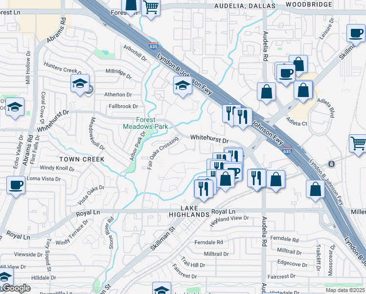 map of restaurants, bars, coffee shops, grocery stores, and more near 9850 Whitehurst Drive in Dallas