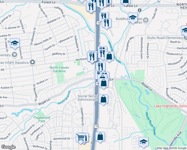 map of restaurants, bars, coffee shops, grocery stores, and more near 7937 Royal Lane in Dallas