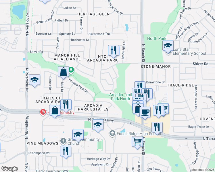map of restaurants, bars, coffee shops, grocery stores, and more near 4257 Doe Creek Trail in Fort Worth