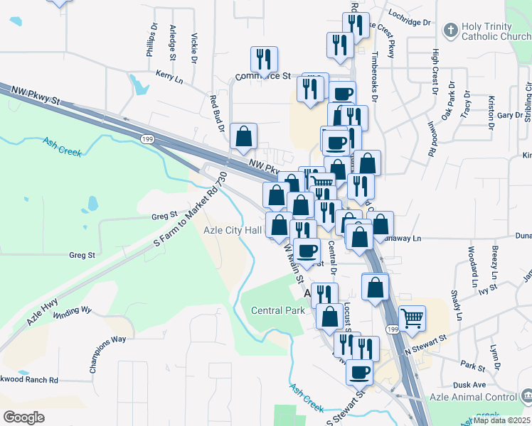 map of restaurants, bars, coffee shops, grocery stores, and more near 527 West Main Street in Azle
