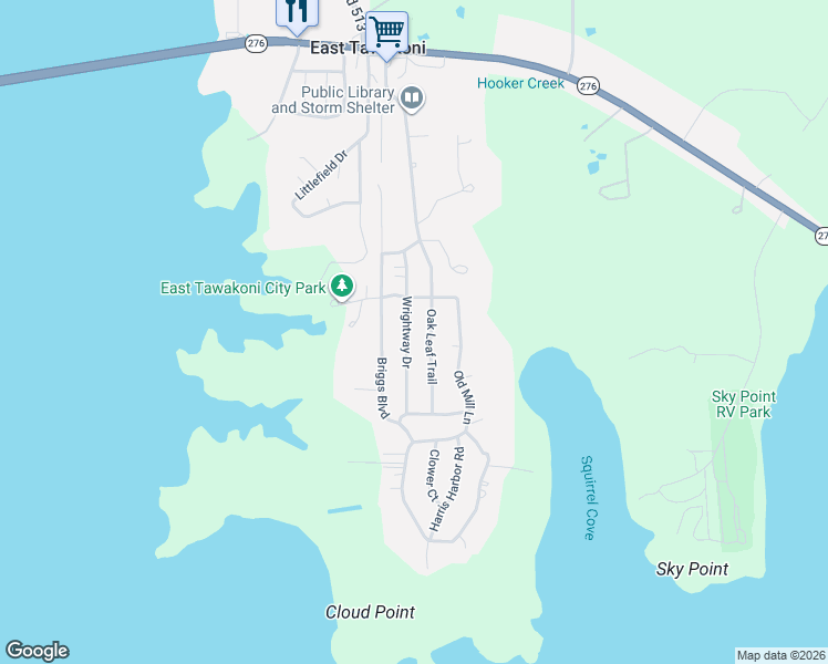 map of restaurants, bars, coffee shops, grocery stores, and more near 291 Wrightway Drive in East Tawakoni