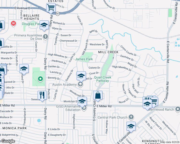 map of restaurants, bars, coffee shops, grocery stores, and more near 1212 Colony Drive in Garland