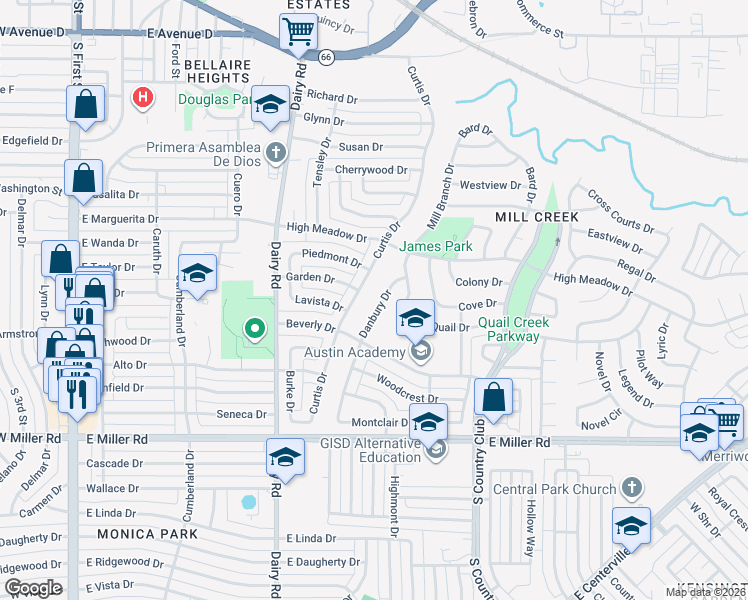 map of restaurants, bars, coffee shops, grocery stores, and more near 1425 Danbury Drive in Garland