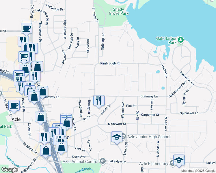 map of restaurants, bars, coffee shops, grocery stores, and more near 721 Dunaway Lane in Azle