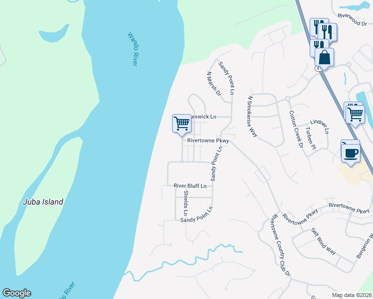 map of restaurants, bars, coffee shops, grocery stores, and more near 2125 Cheswick Lane in Mount Pleasant