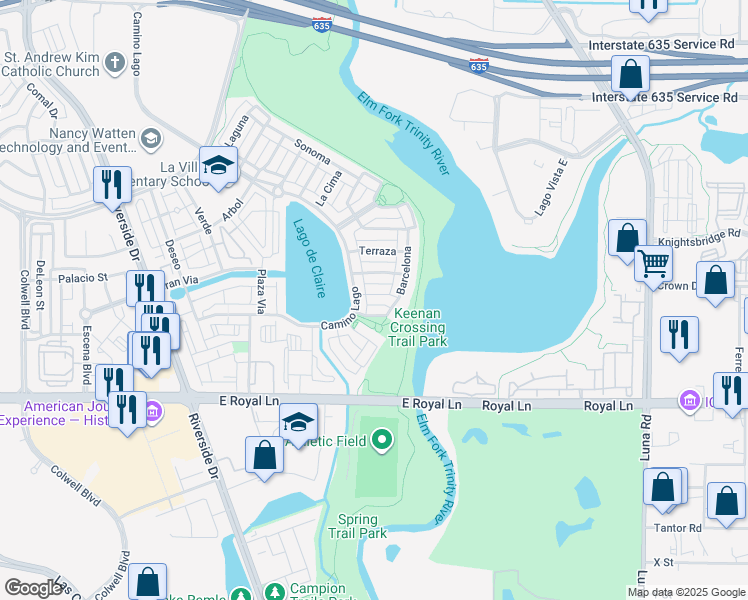 map of restaurants, bars, coffee shops, grocery stores, and more near 829 La Jolla in Irving