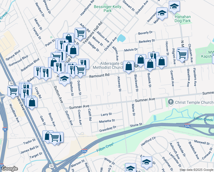 map of restaurants, bars, coffee shops, grocery stores, and more near 5617 Pryor Street in Charleston