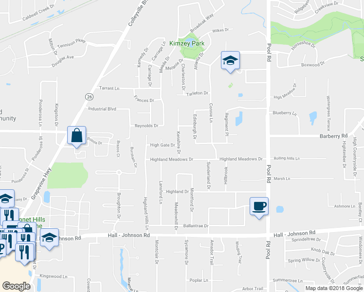 map of restaurants, bars, coffee shops, grocery stores, and more near 6205 Kenshire Drive in Colleyville
