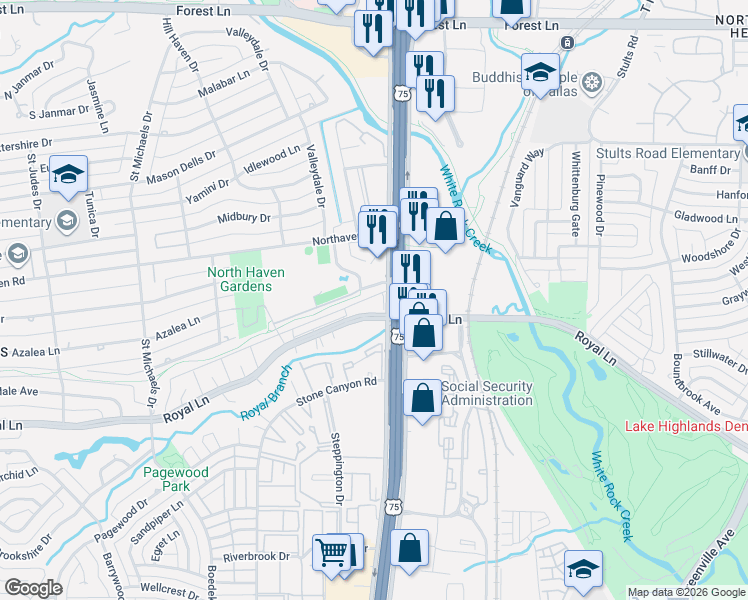 map of restaurants, bars, coffee shops, grocery stores, and more near 7931 Royal Lane in Dallas
