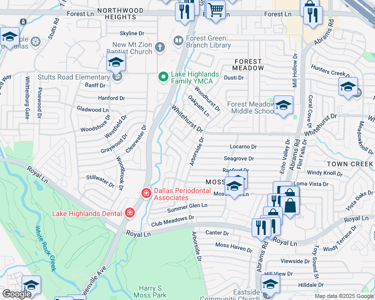 map of restaurants, bars, coffee shops, grocery stores, and more near 8843 Arborside Drive in Dallas