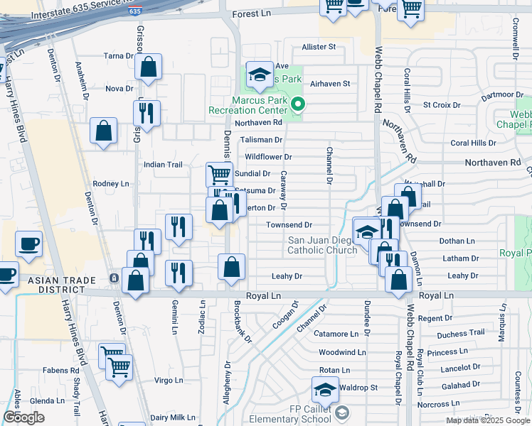 map of restaurants, bars, coffee shops, grocery stores, and more near 2952 Silverton Drive in Dallas