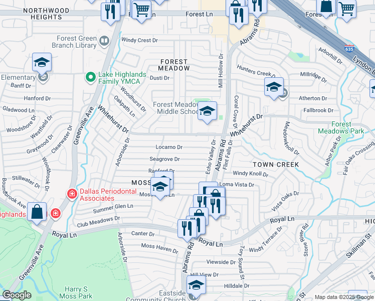 map of restaurants, bars, coffee shops, grocery stores, and more near 9310 Locarno Drive in Dallas