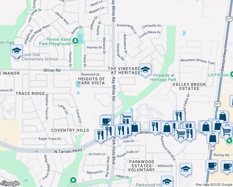 map of restaurants, bars, coffee shops, grocery stores, and more near 5241 Alta Loma Drive in Fort Worth