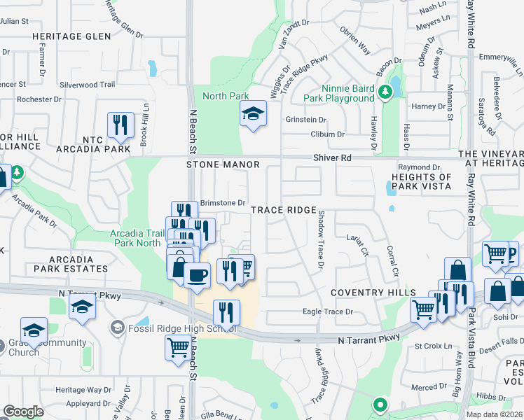 map of restaurants, bars, coffee shops, grocery stores, and more near 8813 Sunset Trace Drive in Fort Worth