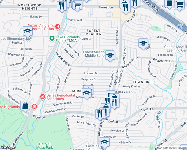 map of restaurants, bars, coffee shops, grocery stores, and more near 9230 Locarno Drive in Dallas