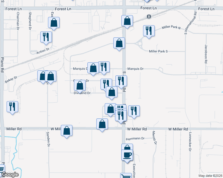 map of restaurants, bars, coffee shops, grocery stores, and more near 3539 Dividend Drive in Garland