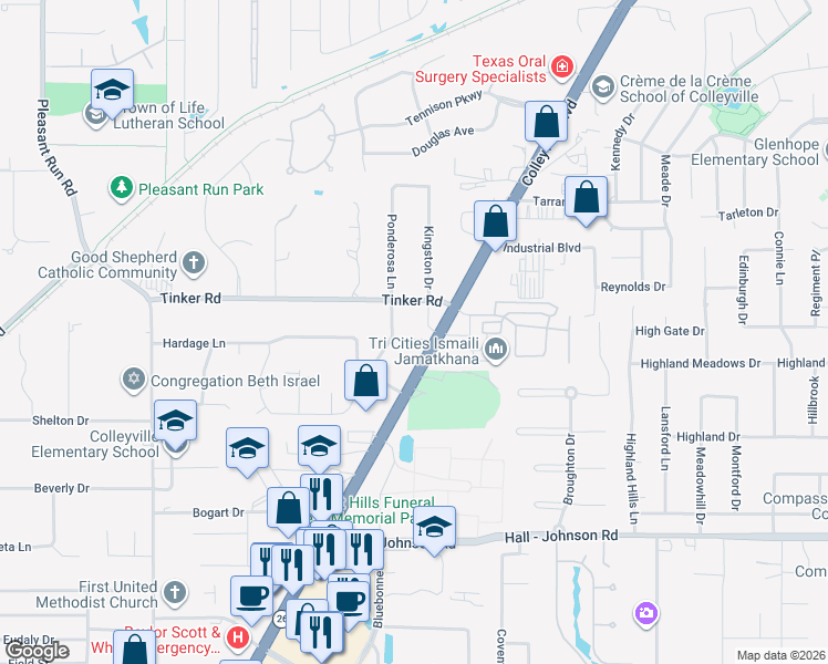 map of restaurants, bars, coffee shops, grocery stores, and more near 6222 Colleyville Boulevard in Colleyville