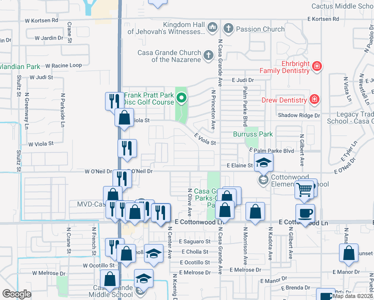 map of restaurants, bars, coffee shops, grocery stores, and more near 402 East Viola Street in Casa Grande