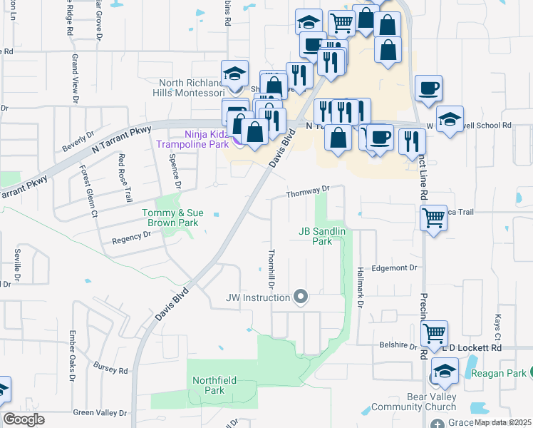 map of restaurants, bars, coffee shops, grocery stores, and more near 8809 Thornbridge Drive in North Richland Hills