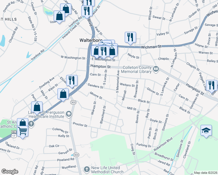 map of restaurants, bars, coffee shops, grocery stores, and more near 209 Sanders Street in Walterboro