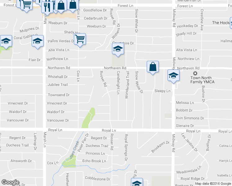 map of restaurants, bars, coffee shops, grocery stores, and more near 11047 Candlelight Lane in Dallas