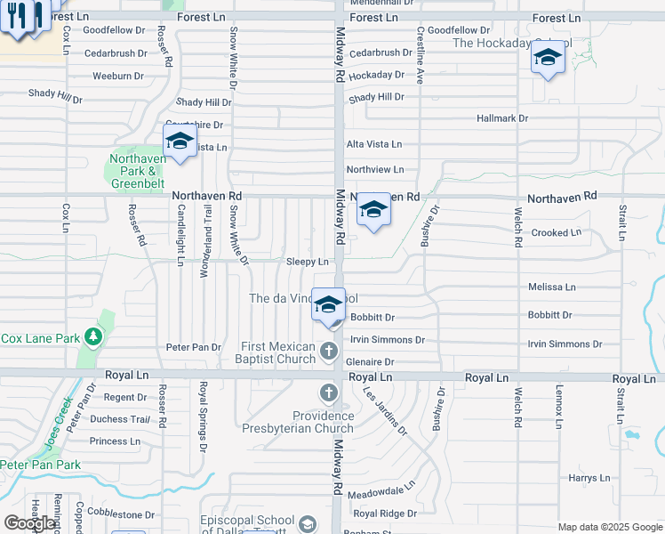 map of restaurants, bars, coffee shops, grocery stores, and more near 4156 Sleepy Lane in Dallas