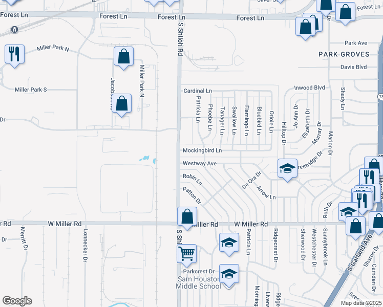 map of restaurants, bars, coffee shops, grocery stores, and more near 2414 Mockingbird Lane in Garland