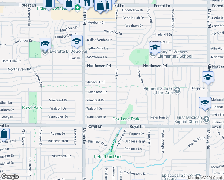 map of restaurants, bars, coffee shops, grocery stores, and more near 3787 Townsend Drive in Dallas