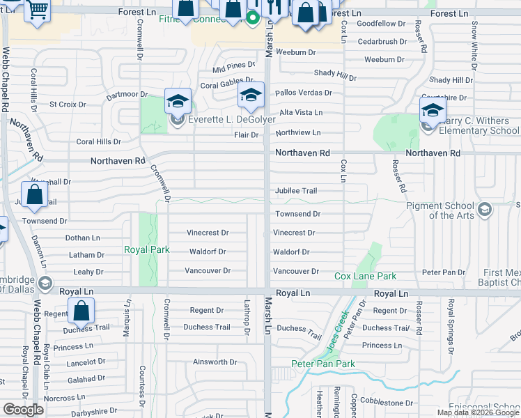map of restaurants, bars, coffee shops, grocery stores, and more near 3665 Townsend Drive in Dallas