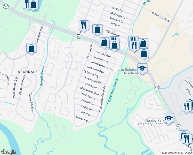 map of restaurants, bars, coffee shops, grocery stores, and more near 7701 Jadewood Drive in North Charleston