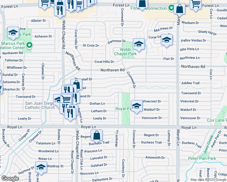 map of restaurants, bars, coffee shops, grocery stores, and more near 3373 Townsend Drive in Dallas